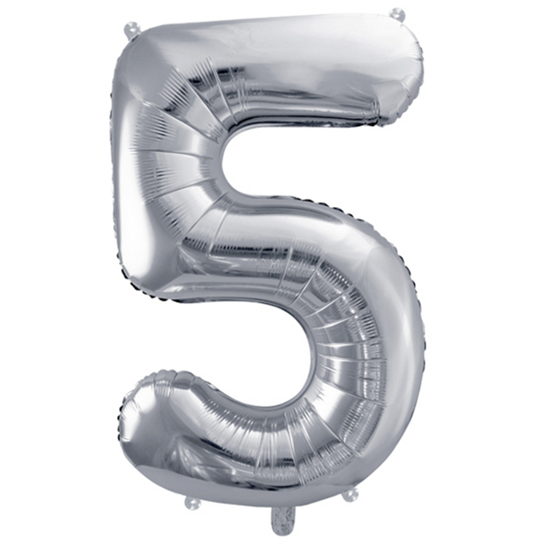 Großer Zahlenballon 5 in silber, 86 cm – ideal für Geburtstag, Jubiläum, Hochzeit oder Firmenfeier – mit Helium oder Luft befüllbar