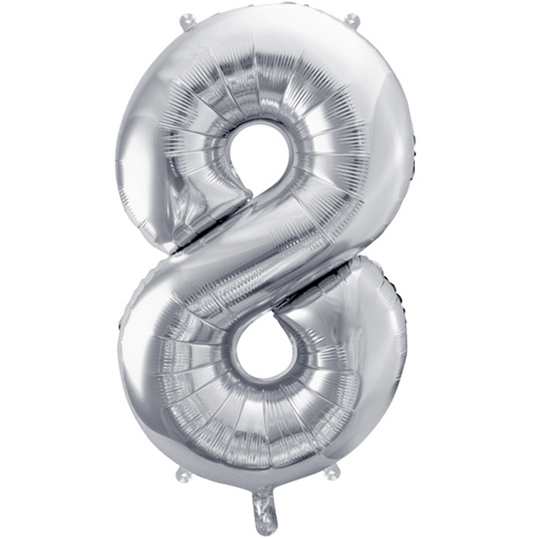 Großer Zahlenballon 8 in silber, 86 cm – ideal für Geburtstag, Jubiläum, Hochzeit oder Firmenfeier – mit Helium oder Luft befüllbar